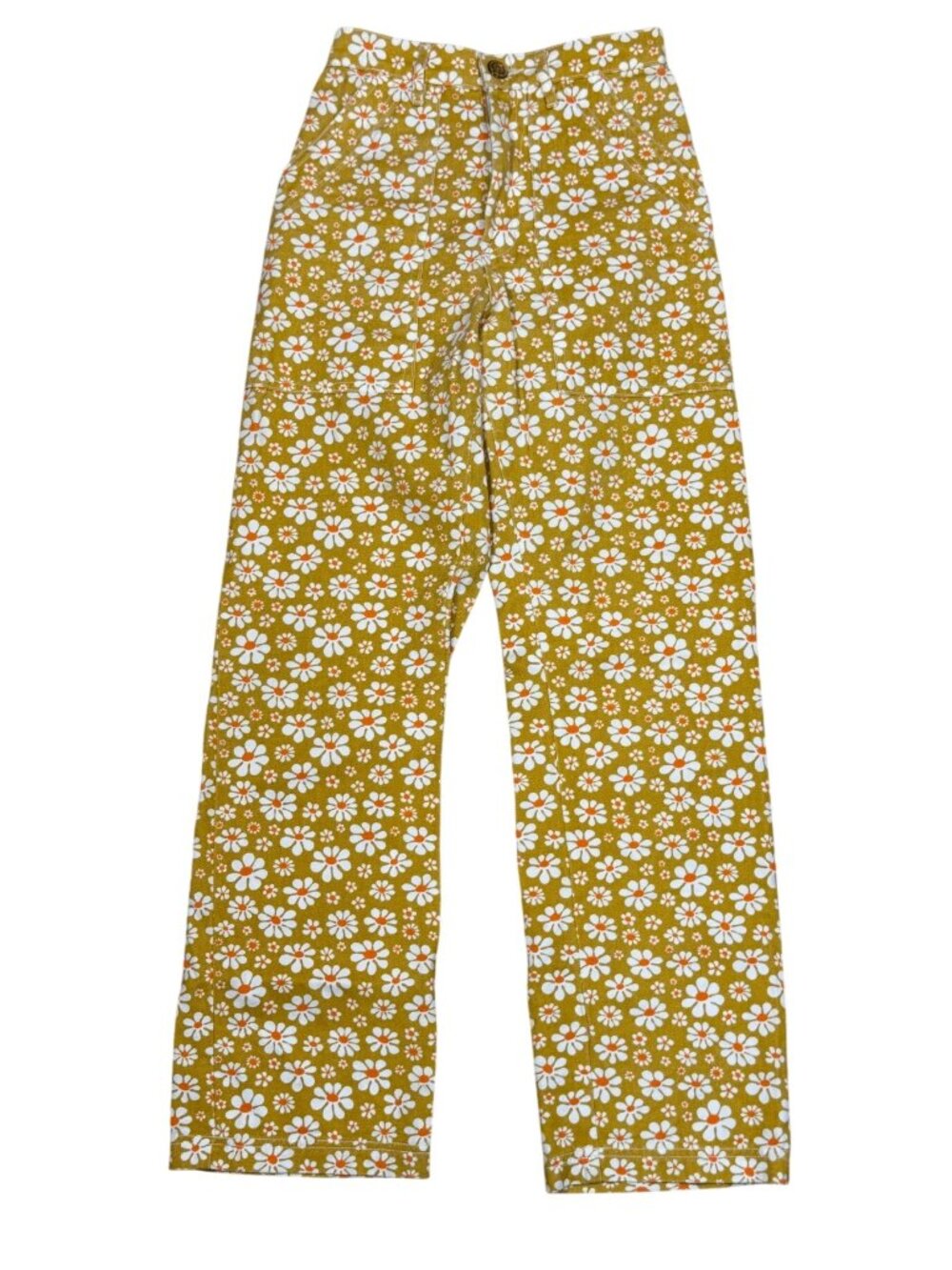 Big Bud Press Work Pants XXS Yellow Orange Daisy Print High Rise Cotton Twill Ma